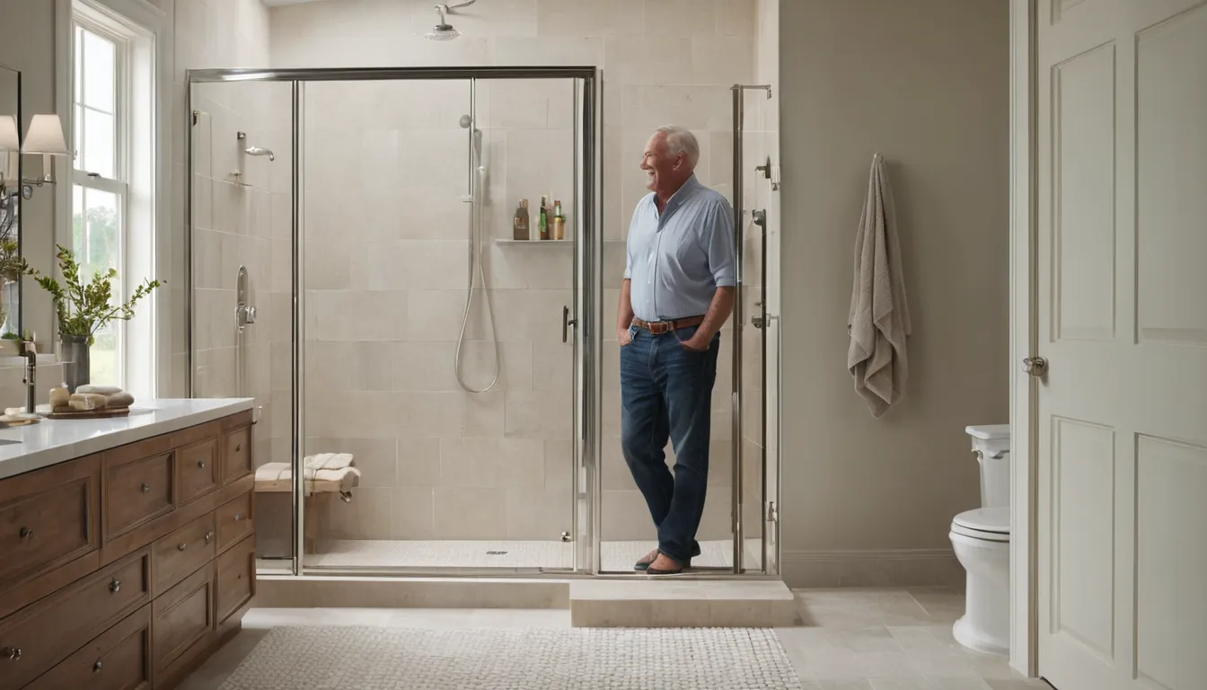 A walk-in shower with a low entry and a built-in seat in a bright home bathroom in Annapolis